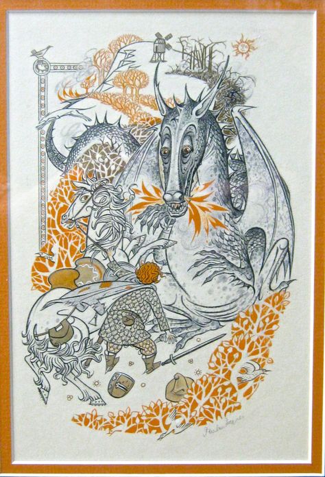 Farmer Giles meets Chrysophylax in Tolkien's Farmer Giles of Ham, illustrated by Pauline Baynes