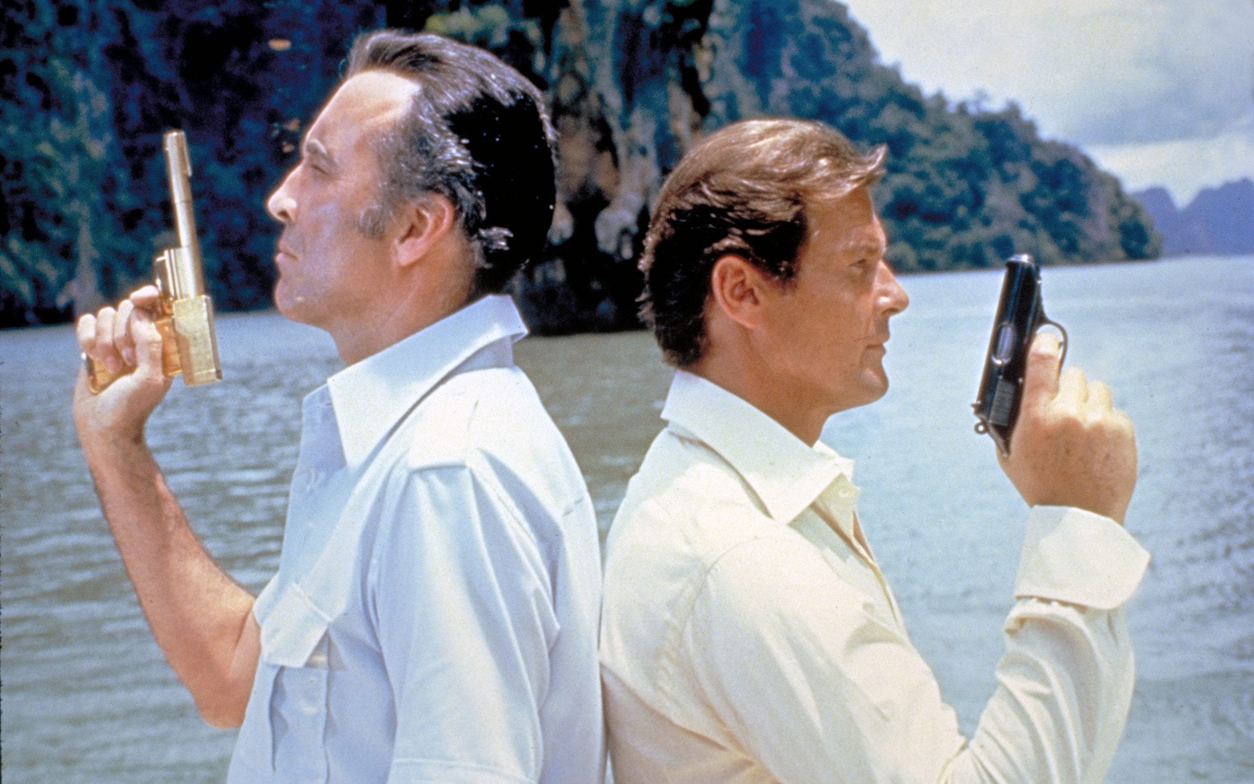 Francisco Scaramanga, played by Christopher Lee, and James Bond, played by Roger Moore, duel in The Man with the Golden Gun