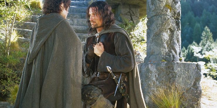 Aragorn (Viggo Mortensen) and Frodo (Elijah Wood) at Amon Hen in Peter Jackson's The Fellowship of the Ring