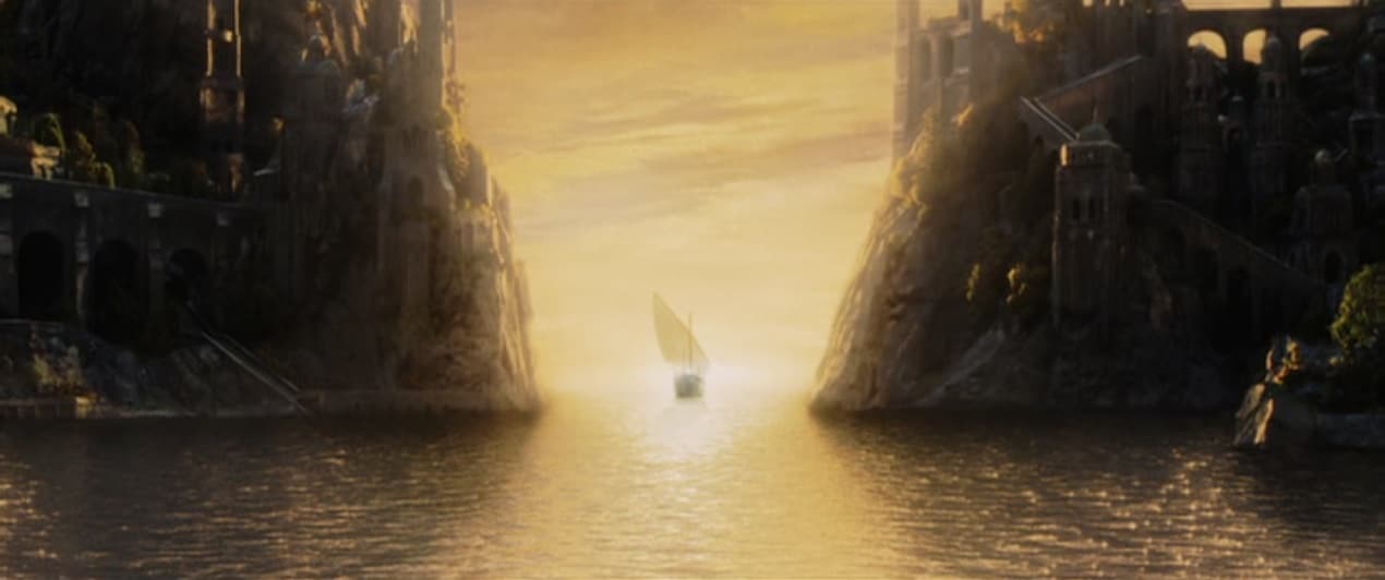 The ship with Bilbo, Frodo, Gandalf, Elrond and Galadriel on board leaves the Grey Havens in Peter Jackson's The Return of the King from The Lord of the Rings films