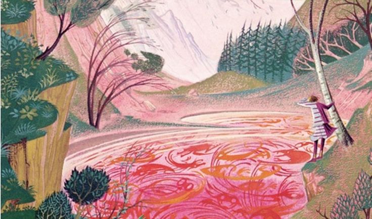 Detail by Pauline Baynes showing Smith by the glass lake from the cover of Smith of Wootton Major by JRR Tolkien
