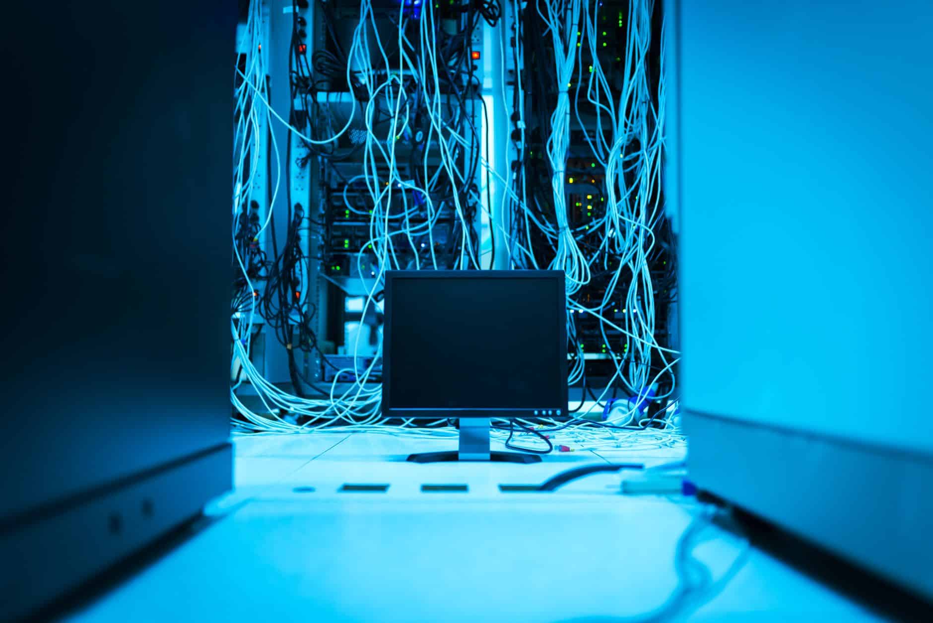 monitor and wires behind