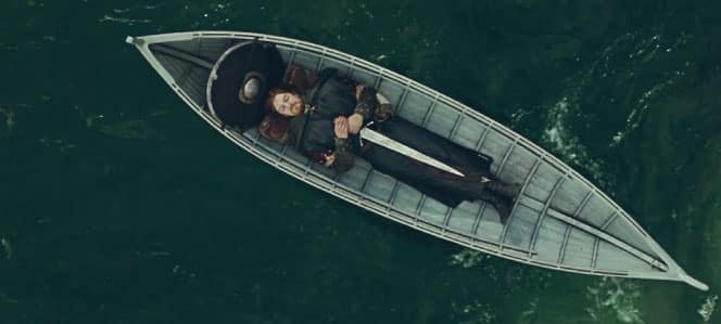 Boromir as played by Sean Bean in his funeral boat, in Peter Jackson's The Fellowship of the Ring